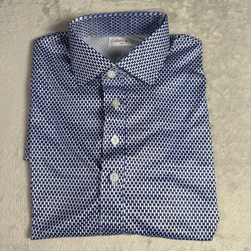 NWOT Collars & Co Mens Dress Collar Polo Short Sleeve Shirt S Blue Geometric